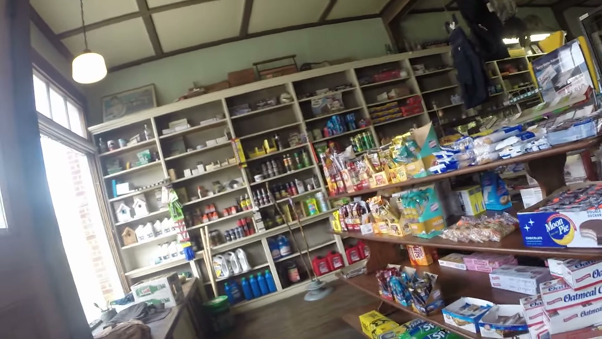 Biking the Virginia Creeper Trail, Whitetop to Damascus 2 Inside Fox Creek General Store with old wooden shelves stocked floor to ceiling