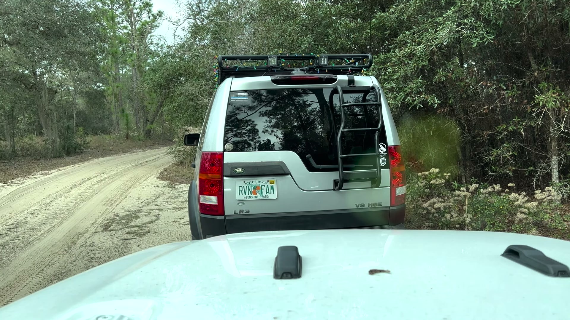 One Night in Ocala National Forest: Camp Cooking, Car Camping and Lake Dorr 18 The back of the Rover with its ladder and roof rack on the trail