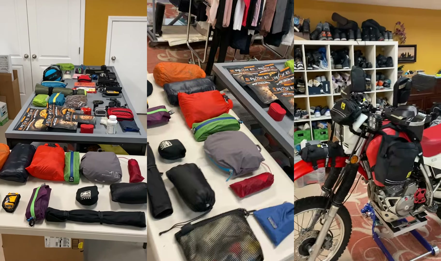 Packing a Motorcycle for a 30-Day Adventure Ride 1 A complete 30-day adventure motorcycle packing list laid out on tables beside the loaded Honda XR650L it all fits on