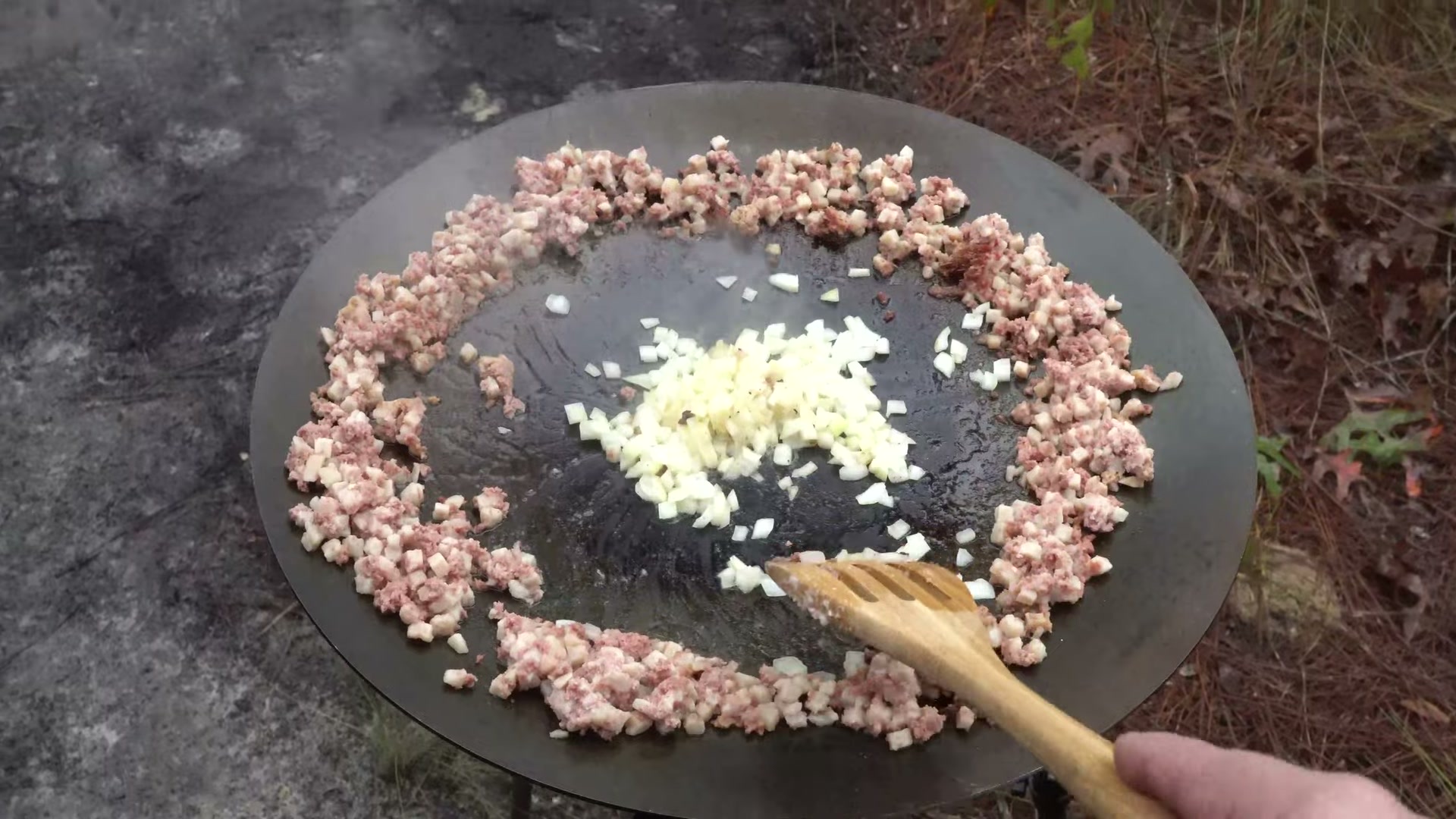 One Night in Ocala National Forest: Camp Cooking, Car Camping and Lake Dorr 6 Sausage and onions cooking around the edge of a Skottle with the center kept hot for the next round