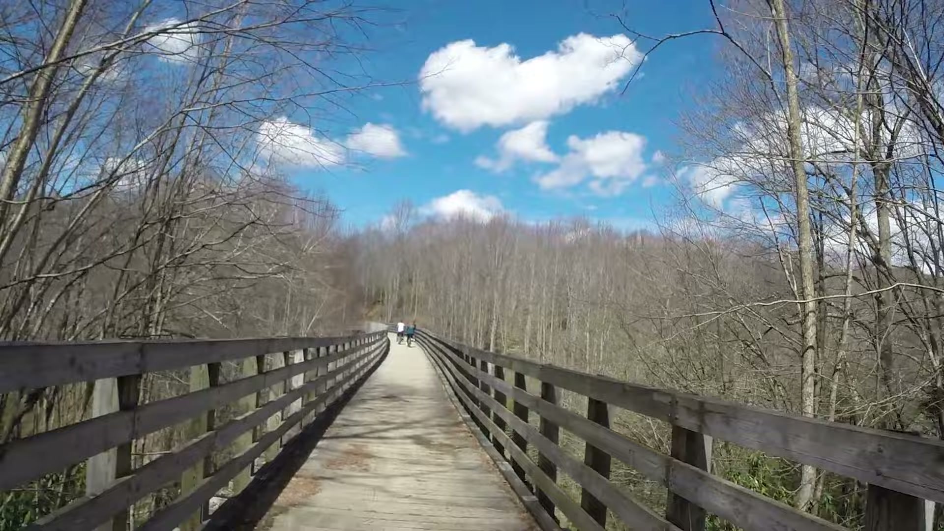Biking the Virginia Creeper Trail, Whitetop to Damascus 1 A long wooden trestle on the Virginia Creeper Trail under a bright blue sky with puffy clouds