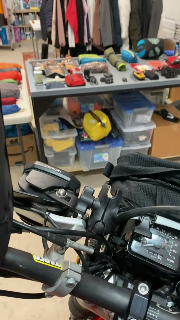 Packing a Motorcycle for a 30-Day Adventure Ride 18 The XR650L cockpit with bags and phone mount